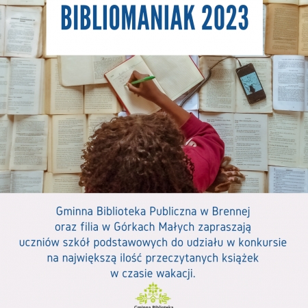 Grafika kolorowa. Plakat promujący coroczny wakacyjny konkurs czytelniczy "Bibliomaniak". 